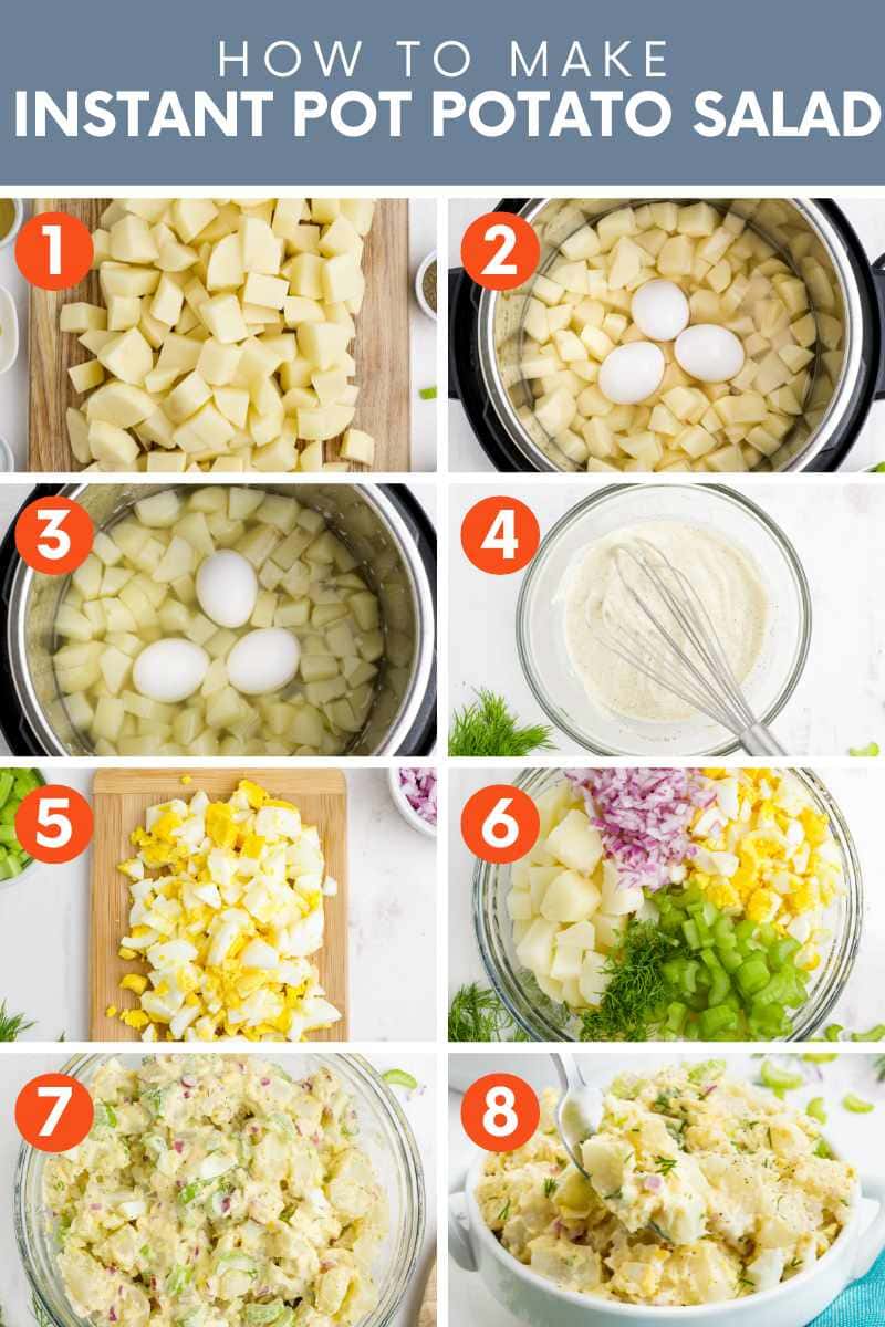 Collage of eight images showing the easy steps to making potato salad in an instant pot. A text overlay reads, "How to Make Instant Pot Potato Salad."