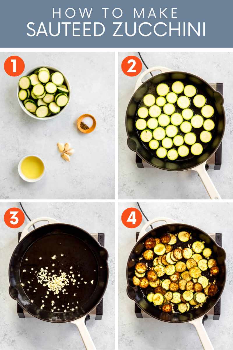 Collage of four easy steps to make sauteed zucchini. A text overlay reads, "How to Make Sauteed Zucchini."