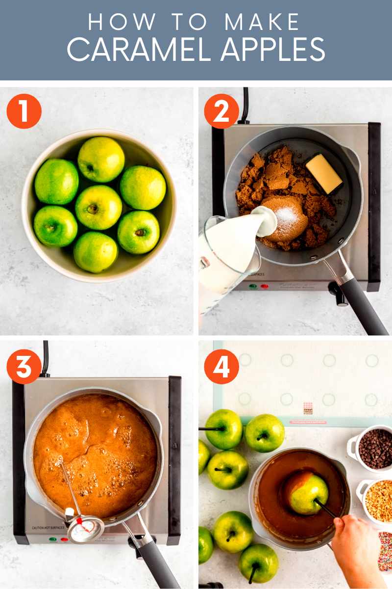 Collage of four simple steps to make homemade caramel apples. A text overlay reads, "How to Make Caramel Apples."