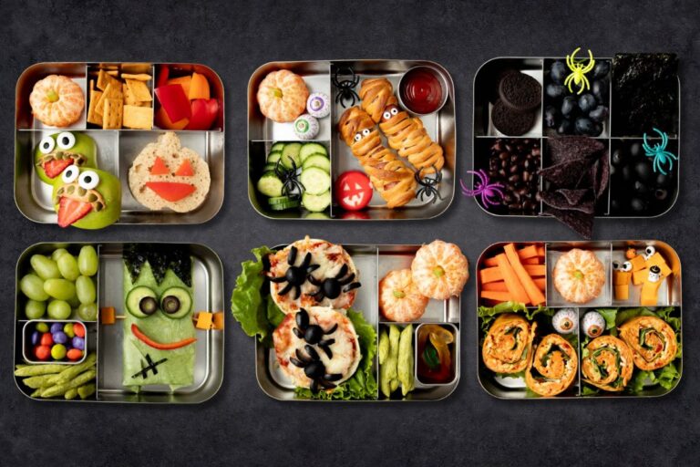 Six bento-style Halloween lunches in two rows of three on a dark background.