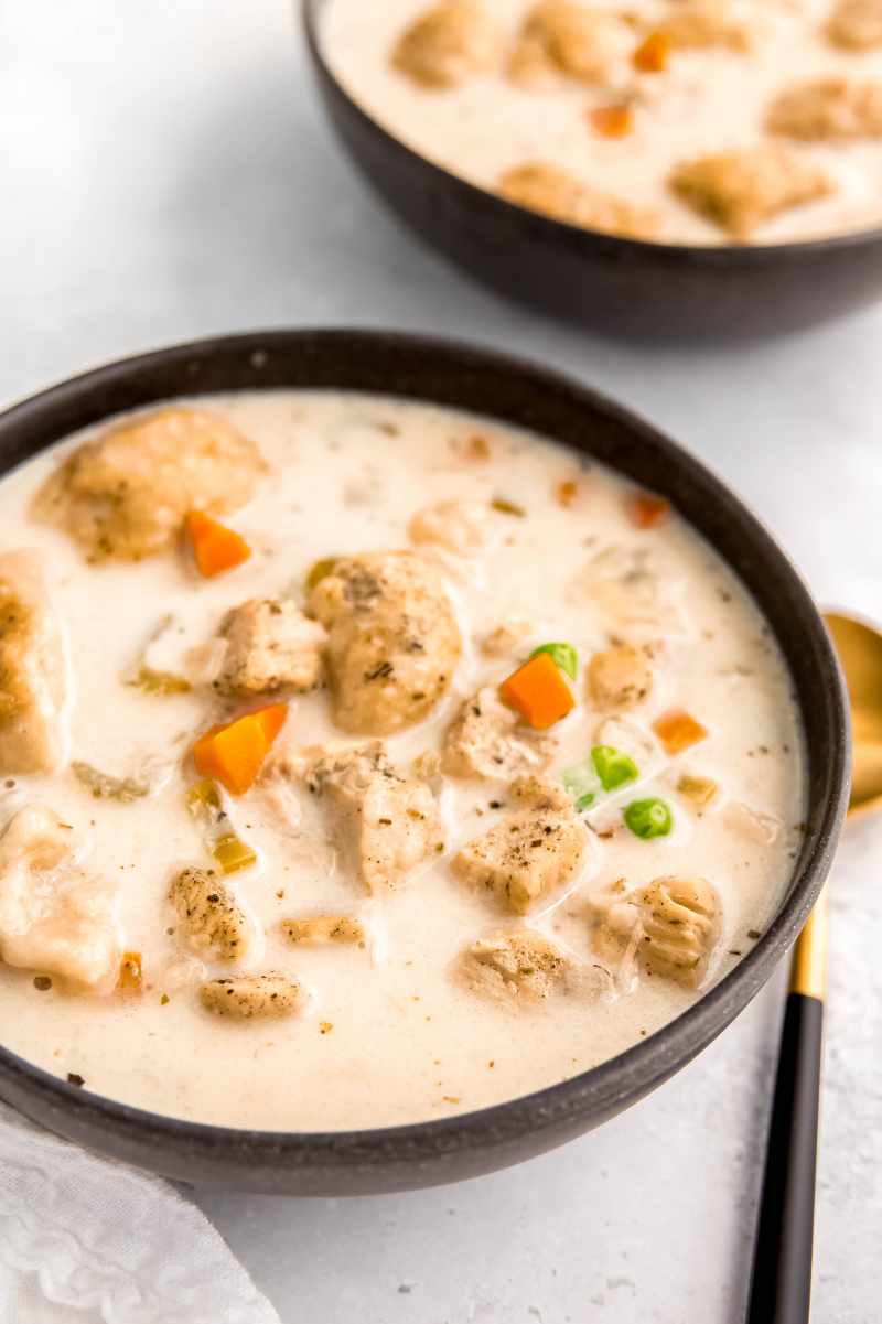 Close view of a single serving bowl of instant pot chicken and dumplings, a second bowl partially visible nearby.