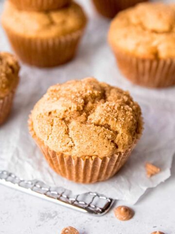Top view of a peanut butter muffin showing the crunchy sugar topping.