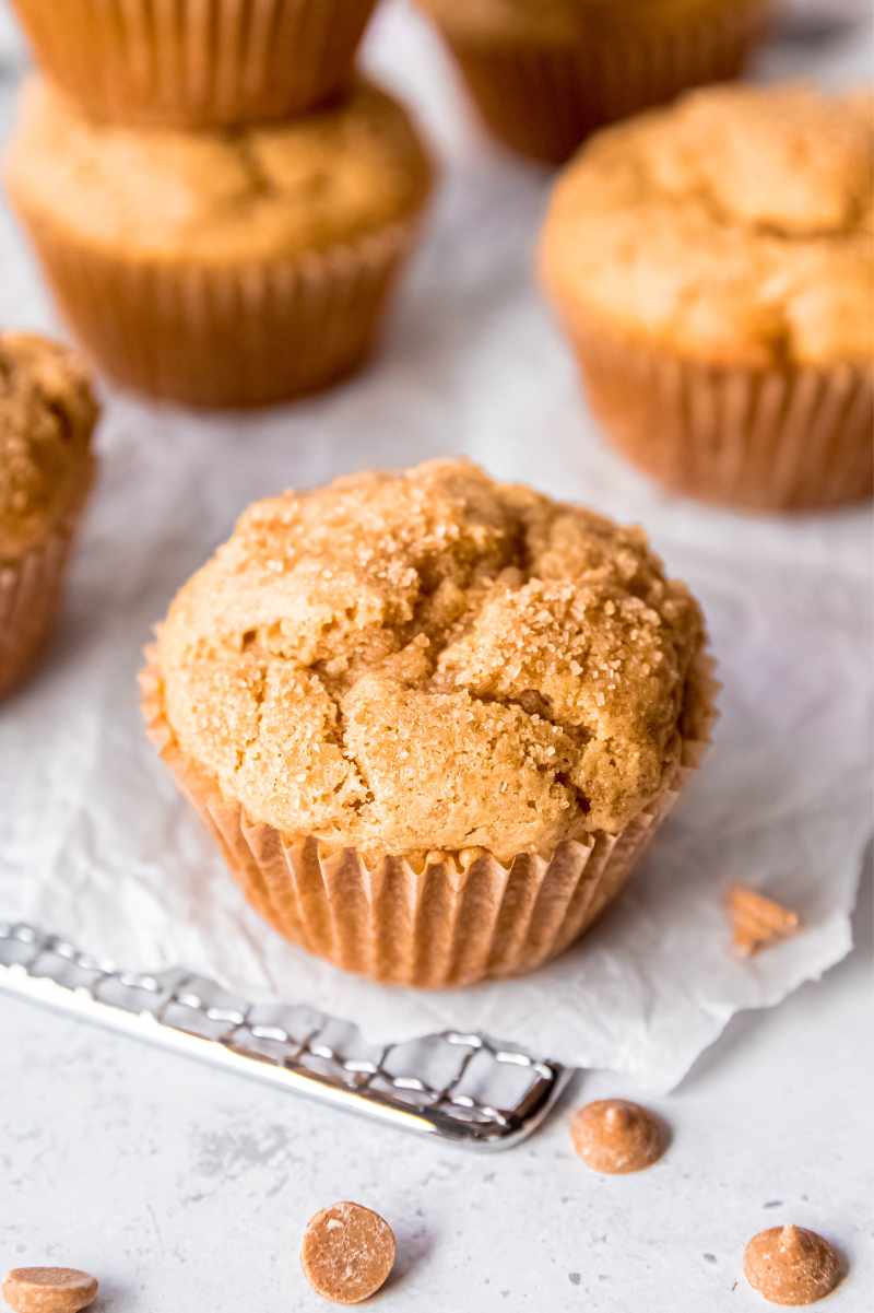 Top view of a peanut butter muffin showing the crunchy sugar topping.
