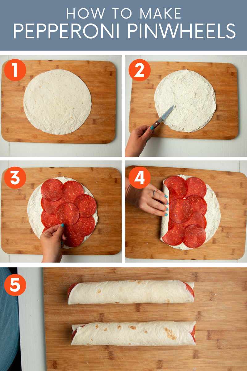 Collage of five simple steps to make pepperoni pinwheels. A text overlay reads, "How to Make Pepperoni Pinwheels."