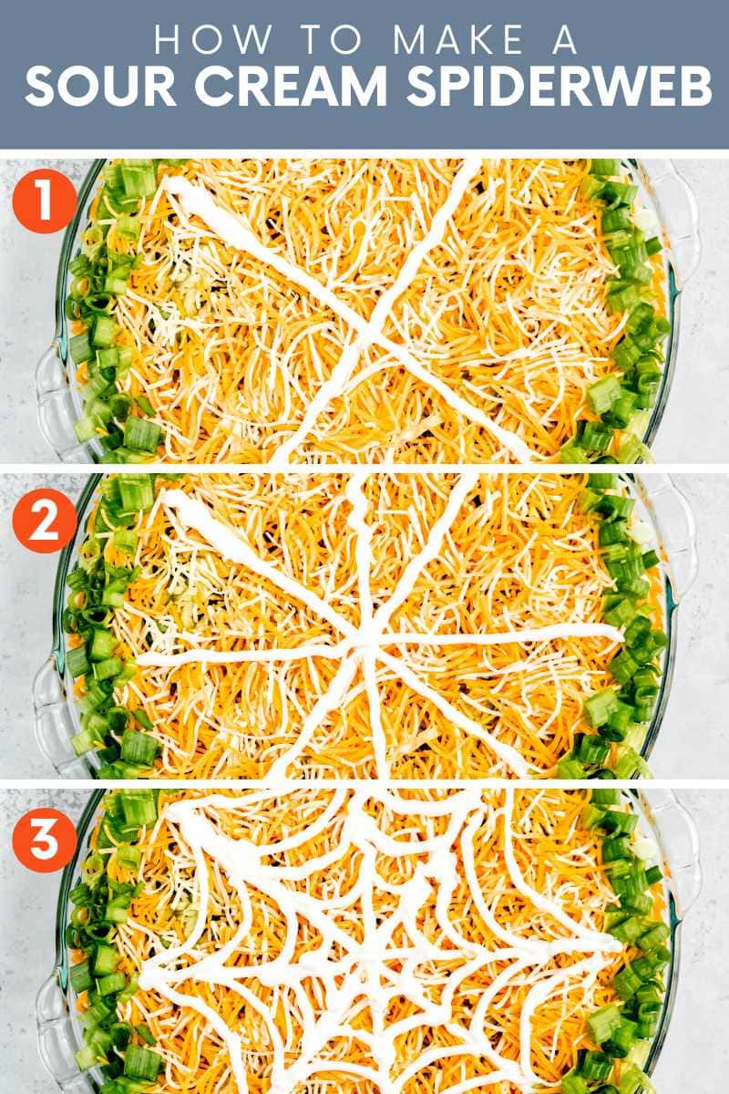 Collage of three simple steps to make a sour cream spiderweb. A text overlay reads, "How to Make a Sour Cream Spiderweb."