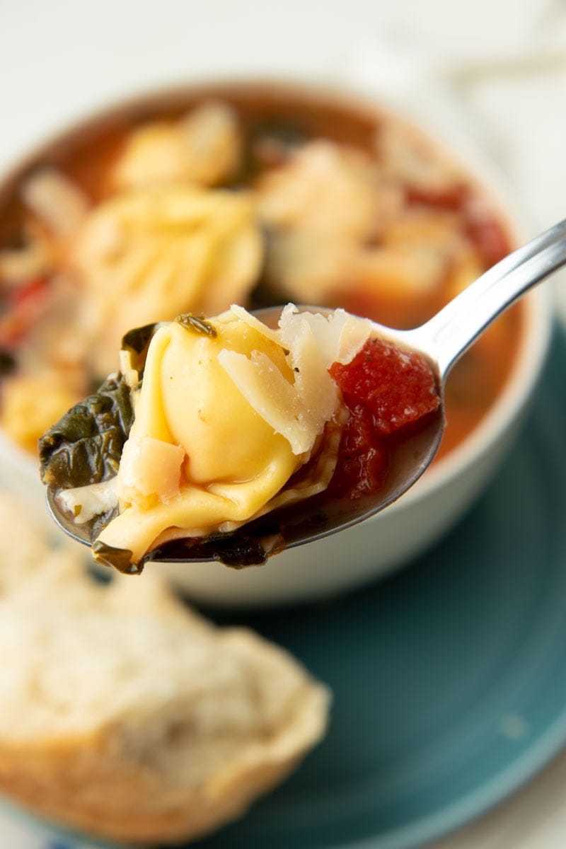 Close view of a spoon packed with a full bite, including cheese pasta, stewed tomatoes, spinach, parmesan, and broth.