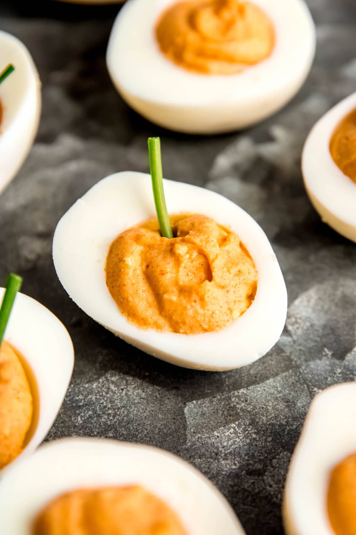 Close-up on a Halloween deviled egg.