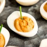 Close-up on a pumpkin deviled egg.