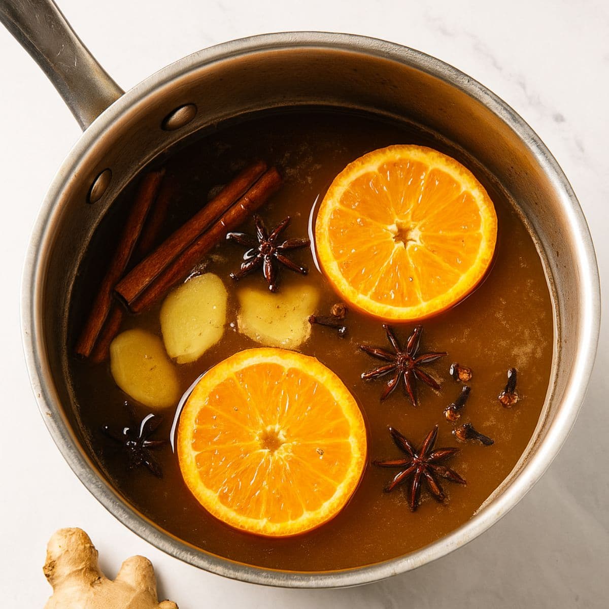 Ingredients for spiked hot apple cider in a saucepan on a white marble countertop