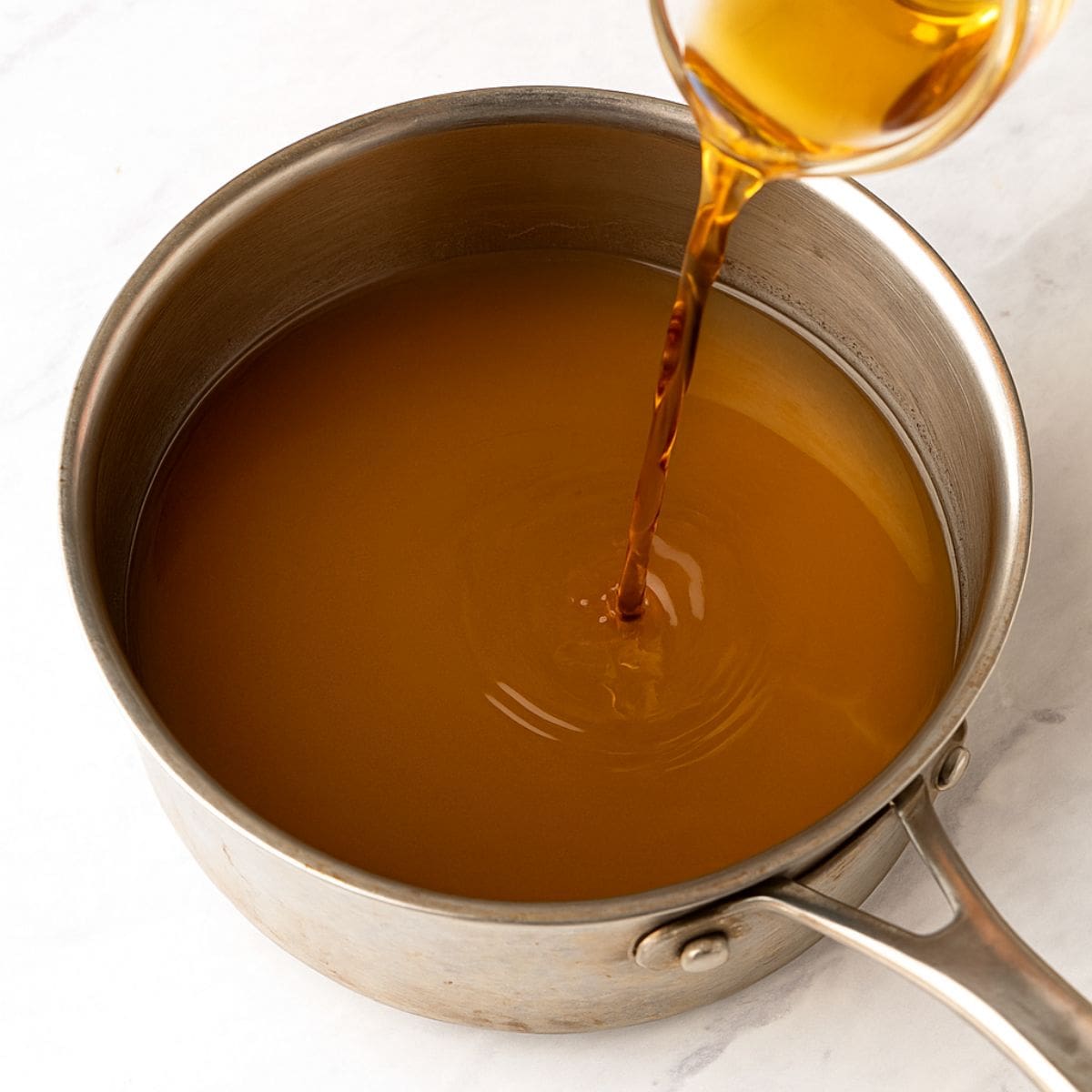 Pouring bourbon into mulled apple cider in a saucepan