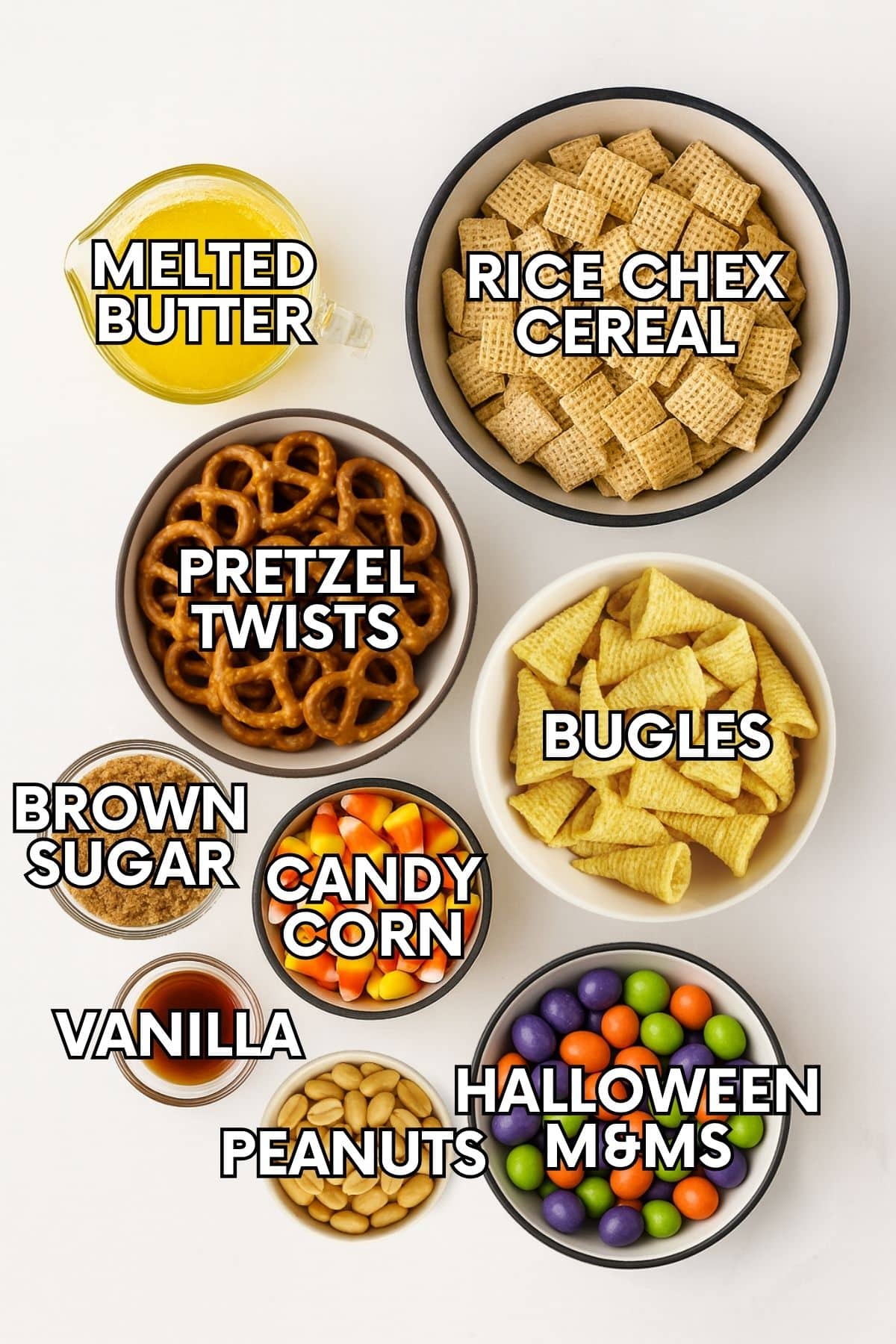 Ingredients for Halloween chex mix: butter, rice chex, pretzels, bugles, brown sugar, candy corn, vanilla, peanuts, Halloween M&Ms