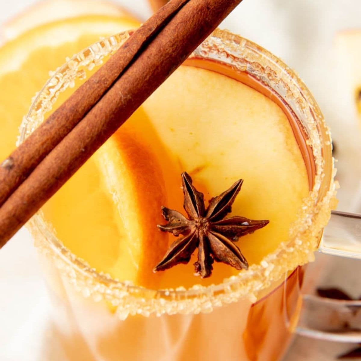 Mug of hot apple cider garnished with a brown sugar rim and cinnamon stick