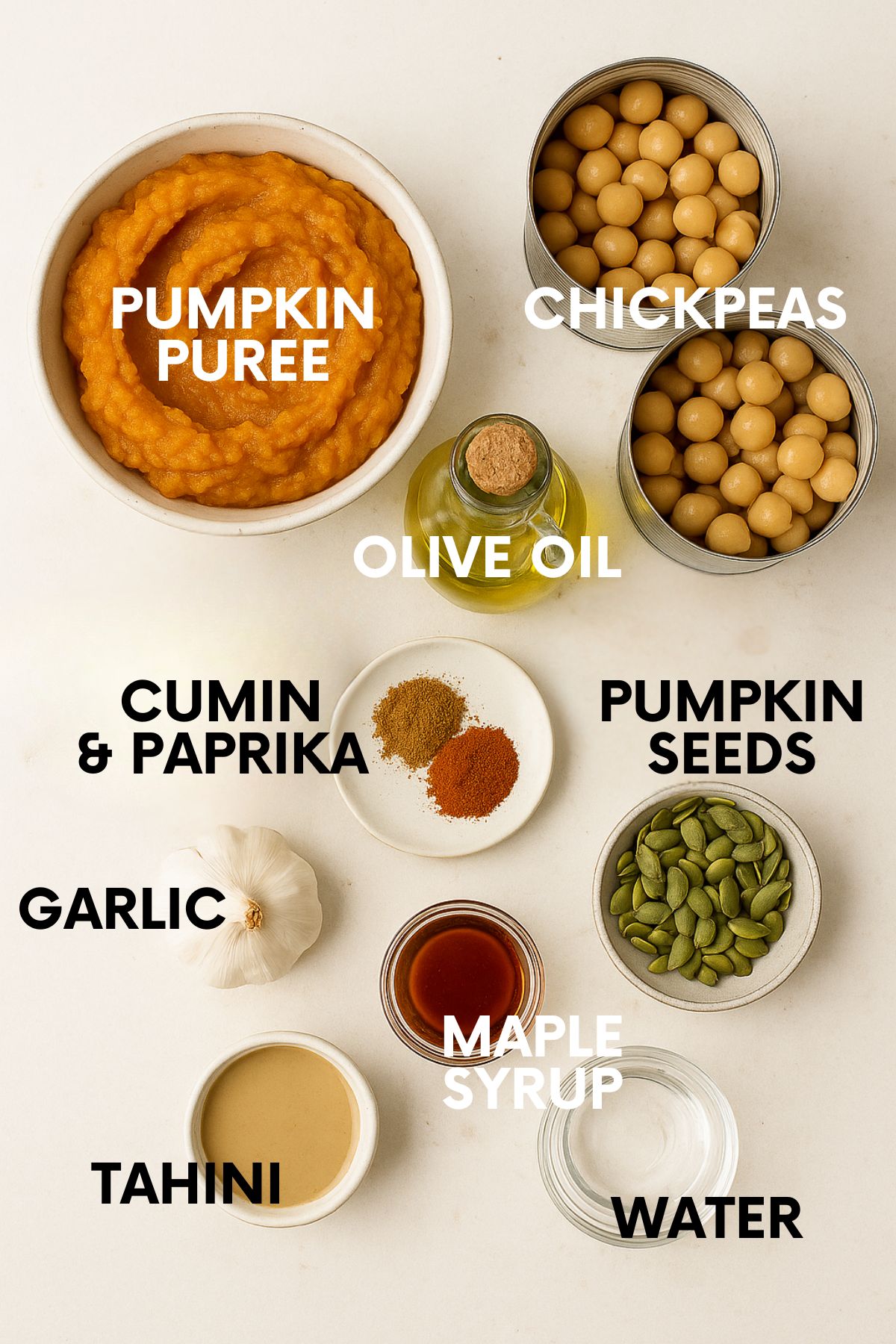 Ingredients to make pumpkin hummus on a white countertop