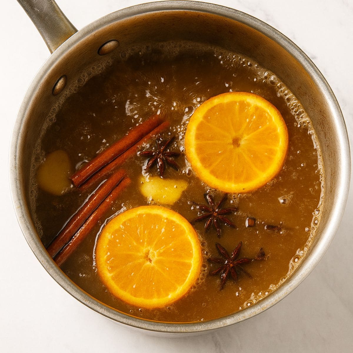 Hot apple cider simmers in a saucepan