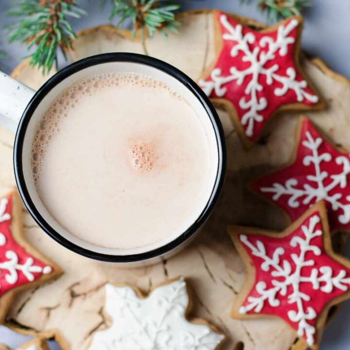 Mug of cocoa surrounded by sugar cookies