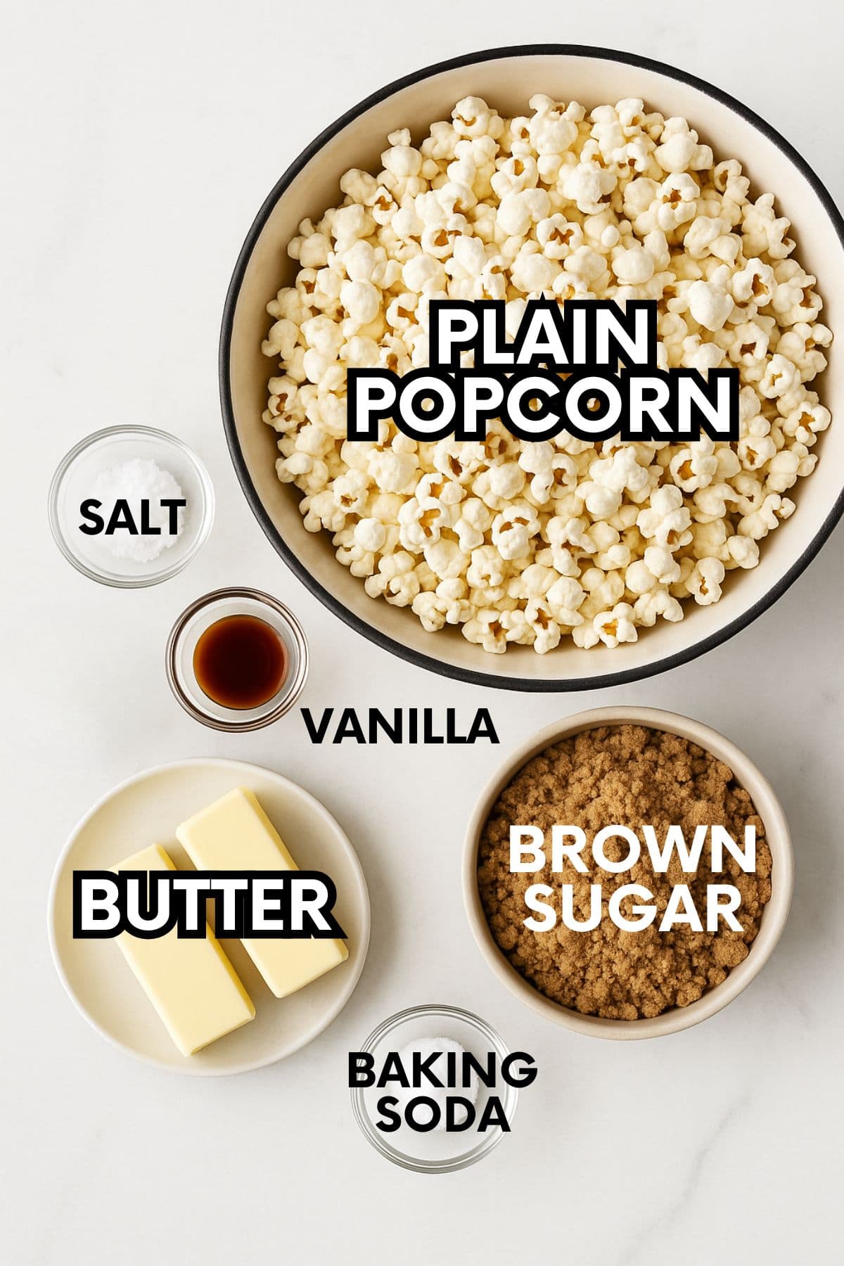 Ingredients for making homemade caramel corn on a white marble countertop