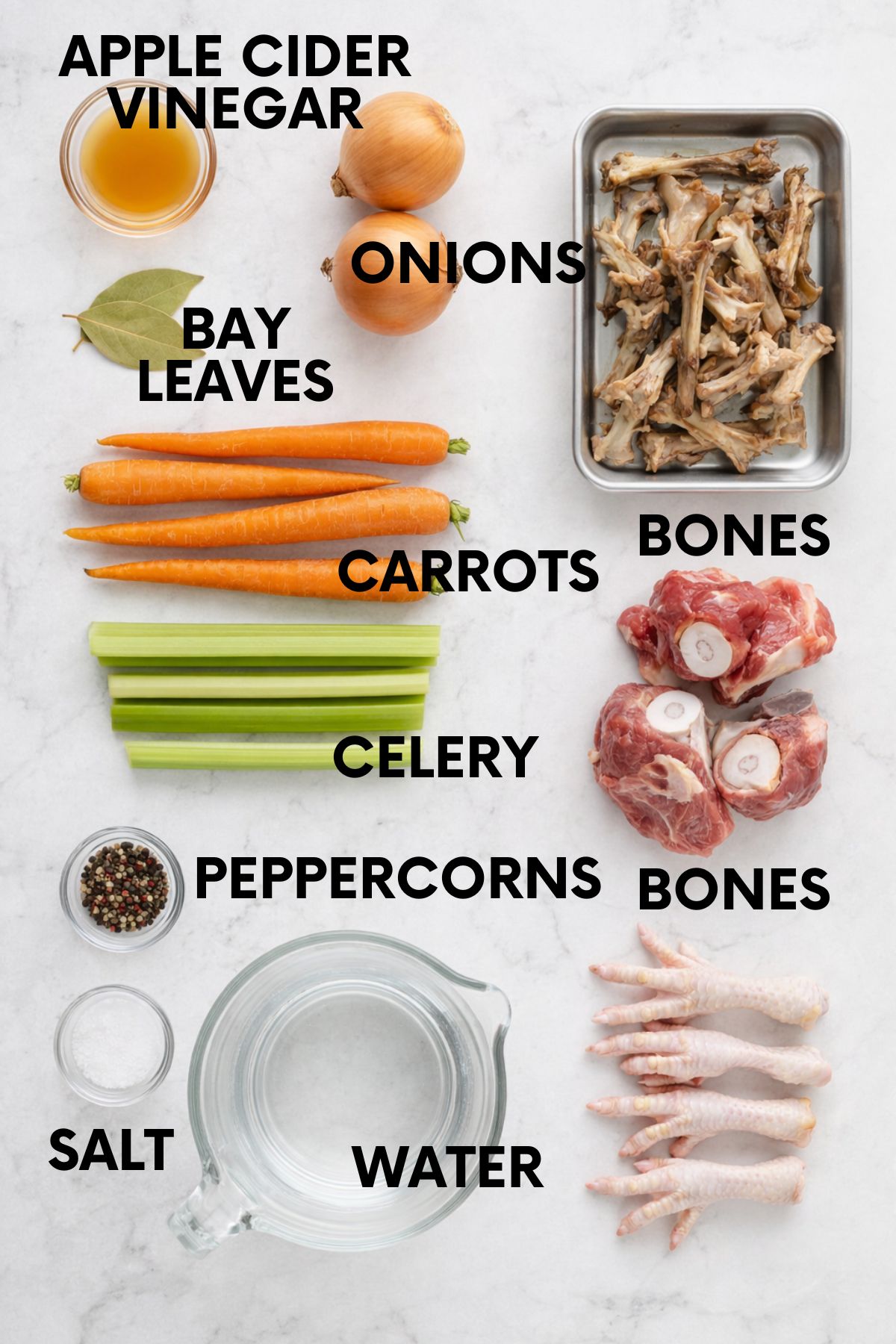 Ingredients for bone broth on a countertop