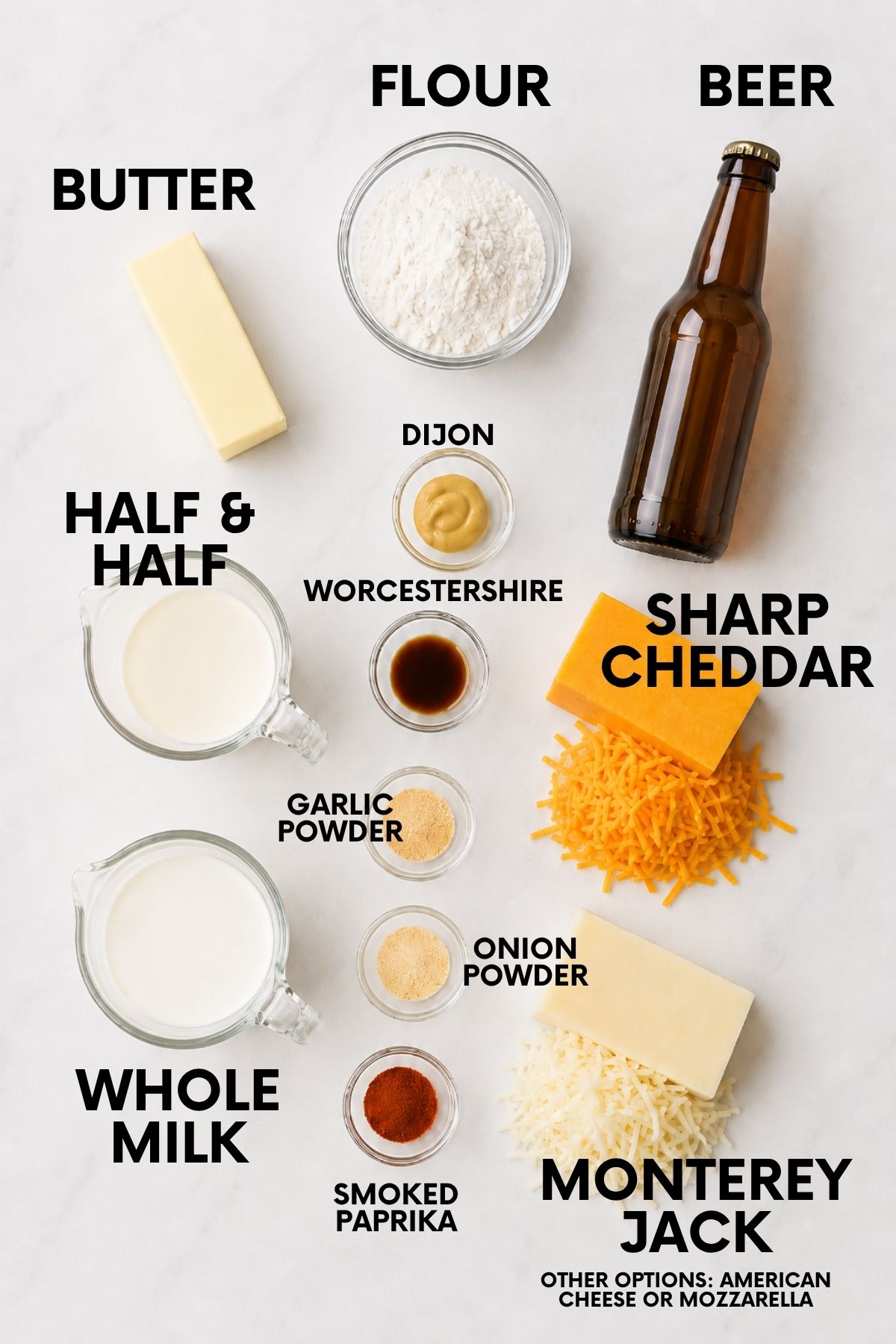 Labeled ingredients for beer cheese dip
