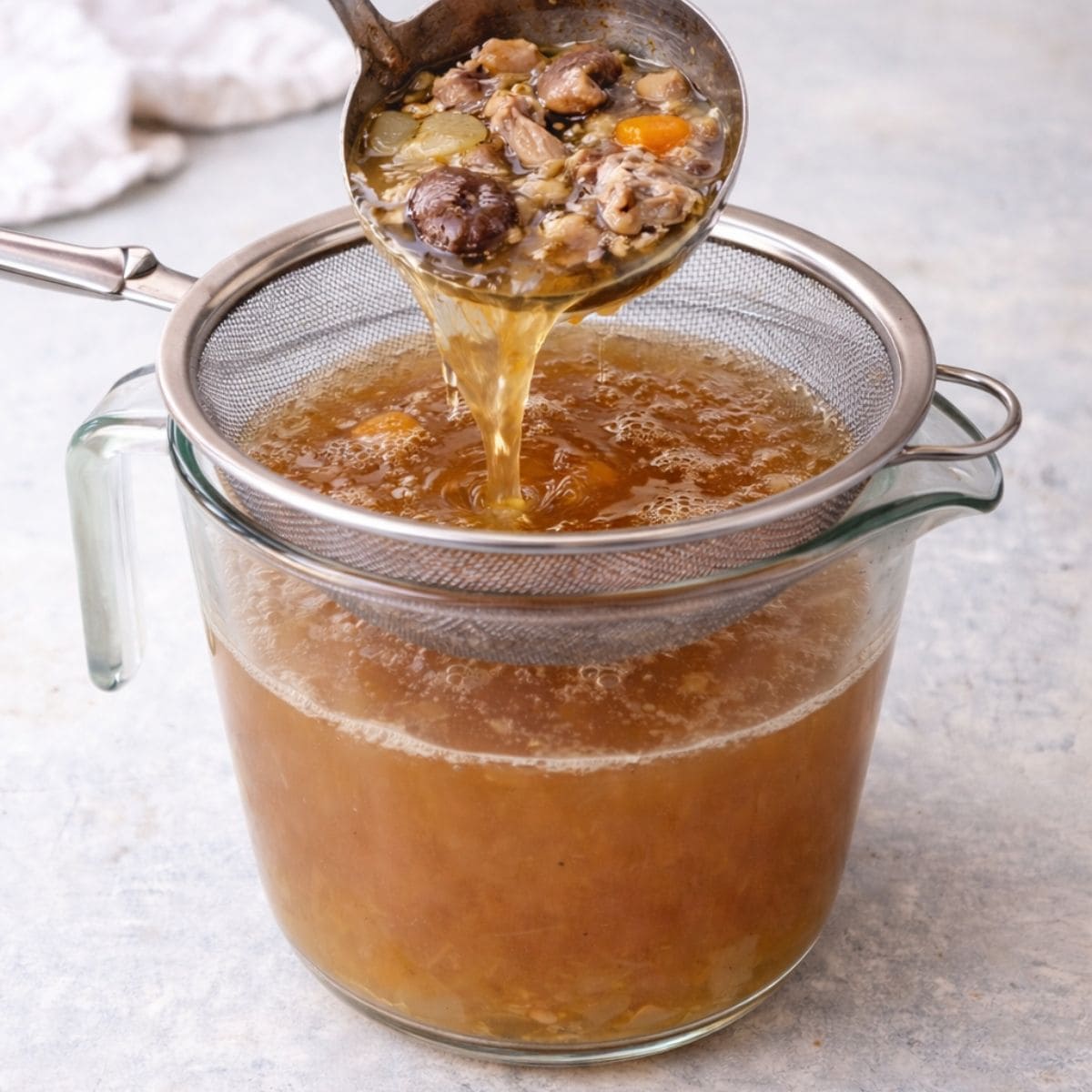 Straining bone broth into a measuring cup