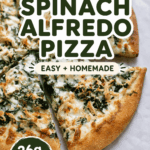 Chicken Spinach Alfredo Pizza, cut into slices with the text overlay "Chicken Spinach Alfredo Pizza"