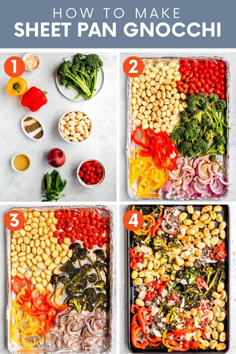 Collage of four simple steps to make baked gnocchi and vegetables. A text overlay reads, "How to Make Sheet Pan Gnocchi."