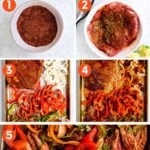 Collage of five simple steps to make steak fajitas in one pan. A text overlay reads, "How to Make Sheet Pan Steak Fajitas."