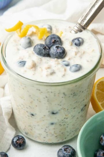 Blueberry overnight oats in a jar on a countertop