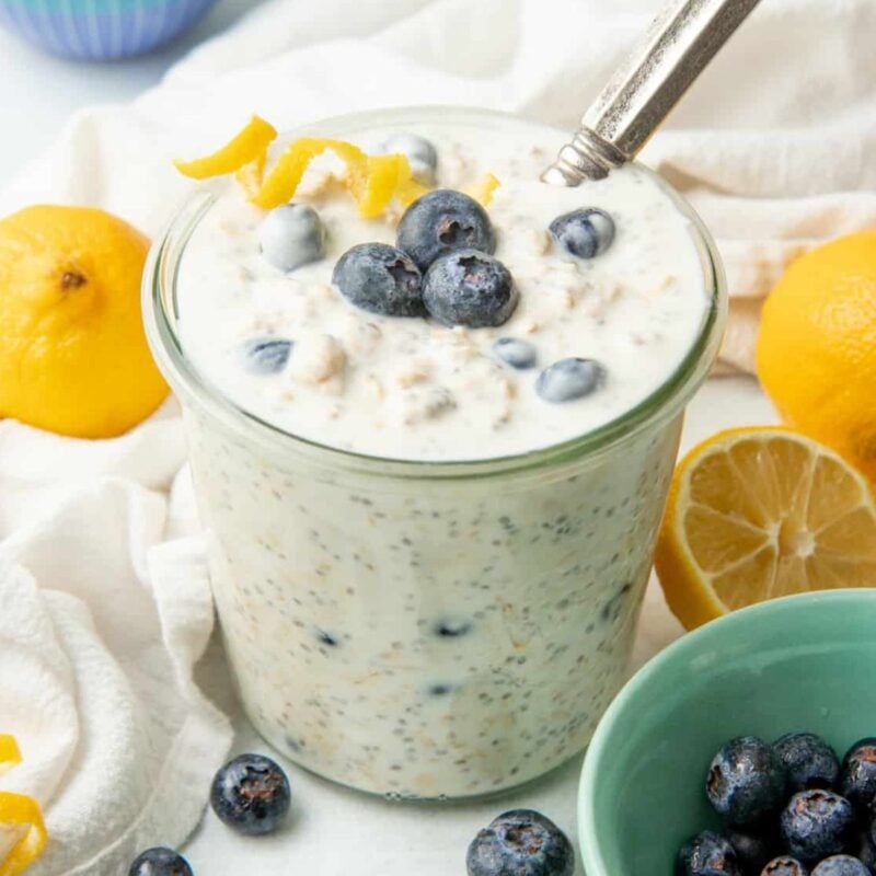 Blueberry overnight oats in a jar on a countertop