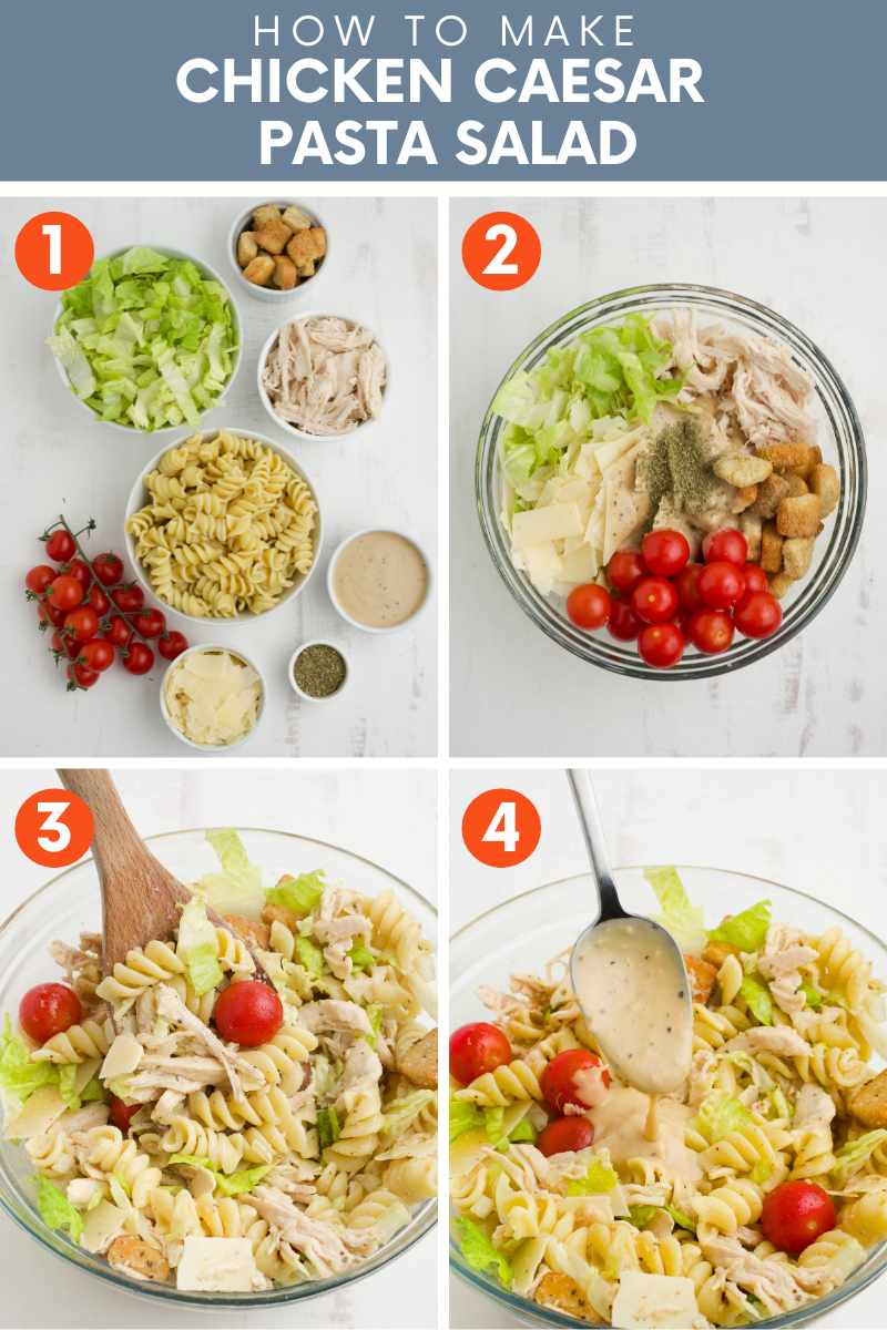 Collage of four simple steps to make caesar pasta salad. A text overlay reads, "How to Make Chicken Caesar Pasta Salad."