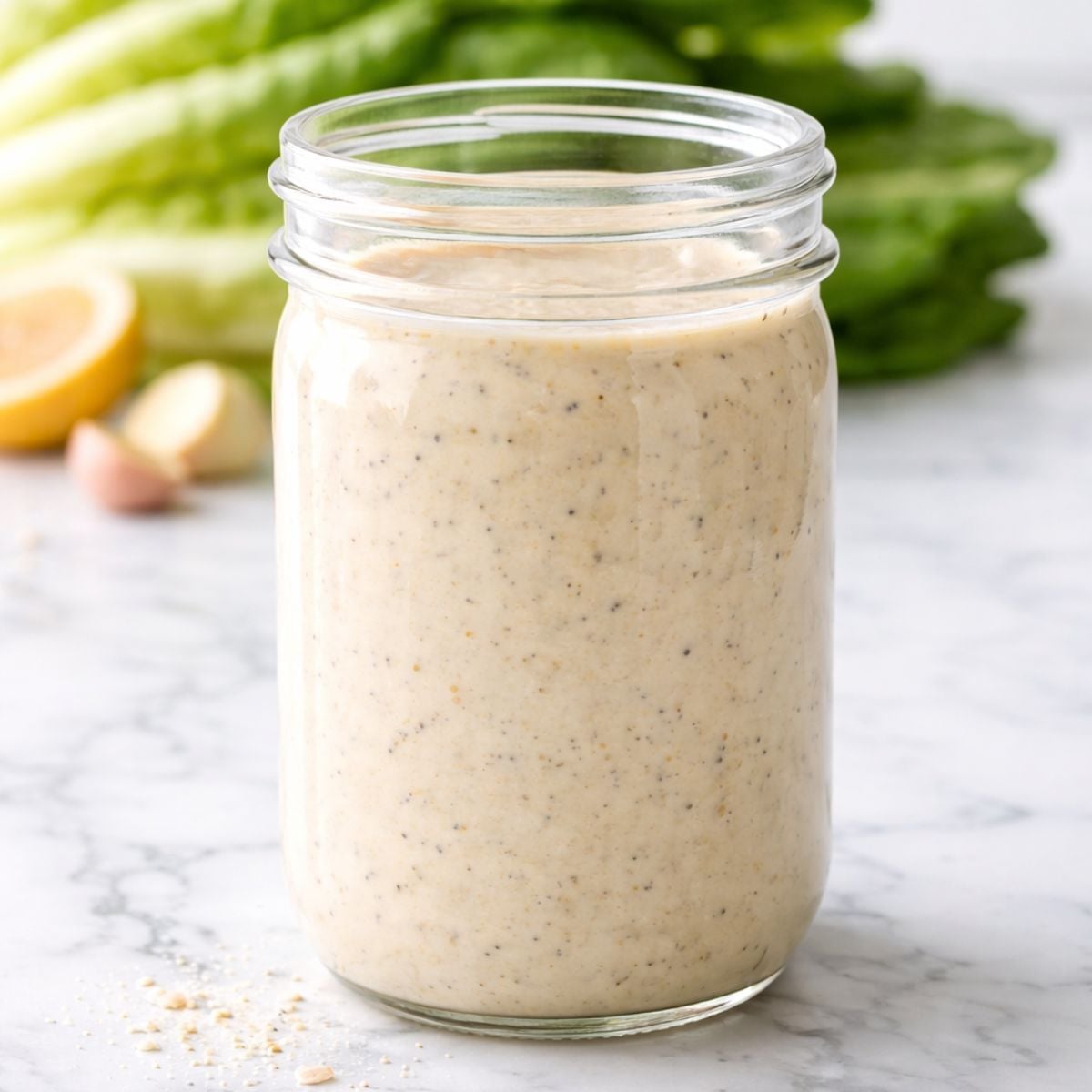Creamy homemade caesar dressing in a glass mason jar with romaine lettuce, lemon, and garlic cloves in the background.