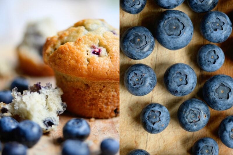 Collage of two images side-by-side, the left image shows a close view of a muffin studded with fruit and the right images shows a close view of fresh berries.