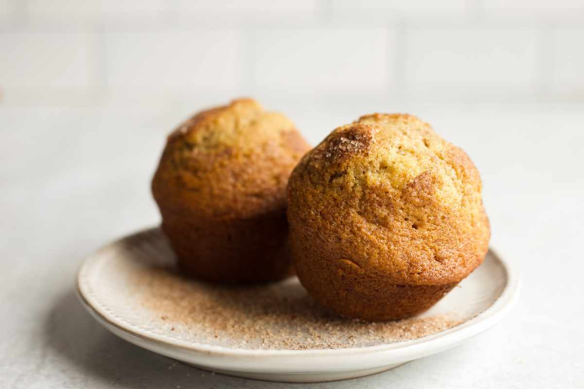 Close view of two cinnamon muffins on a small serving plate.