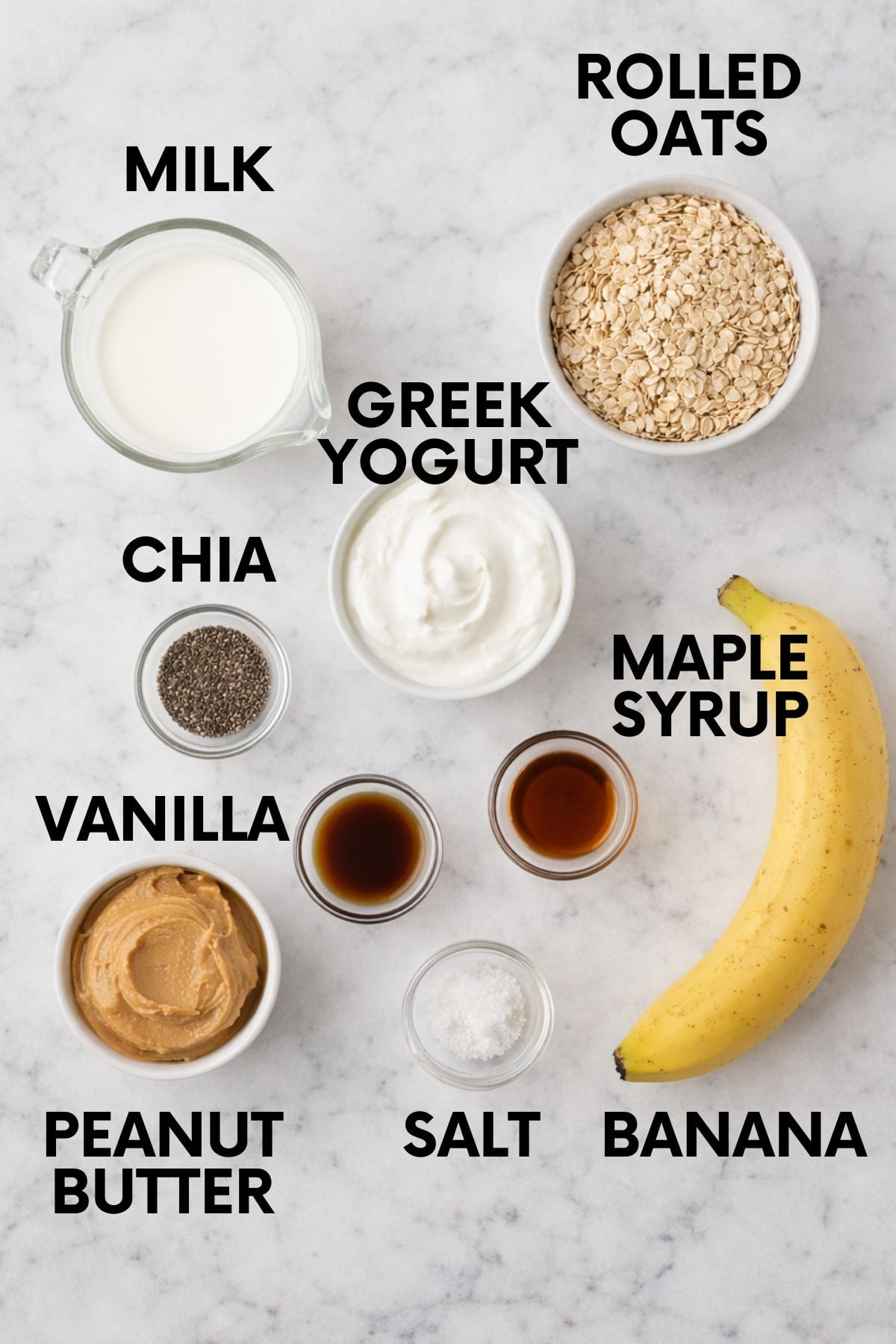 Ingredients for peanut butter banana overnight oats on a countertop
