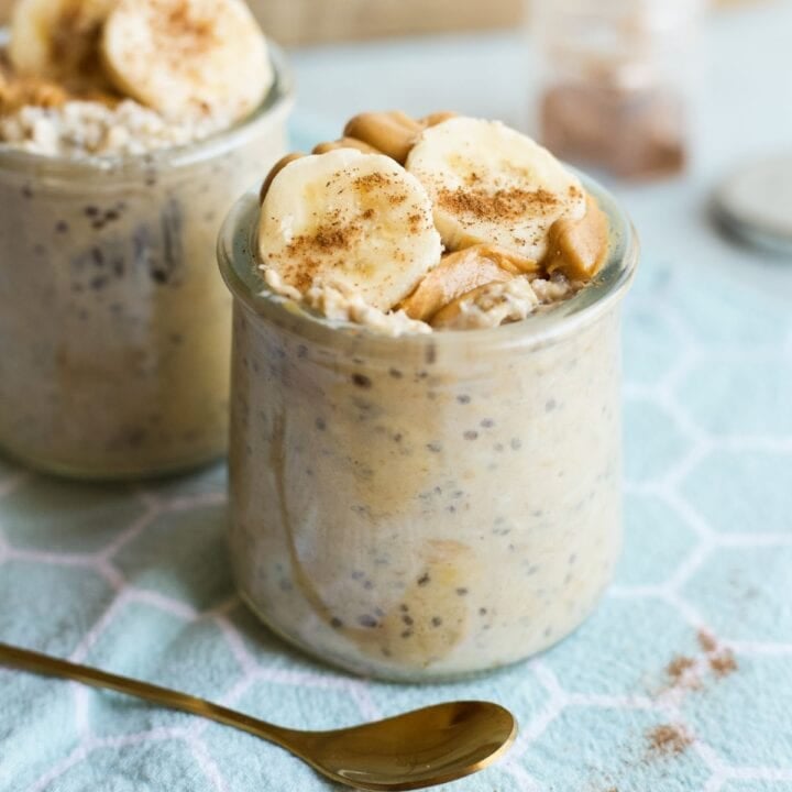 Banana peanut butter overnight oats with toppings in jar