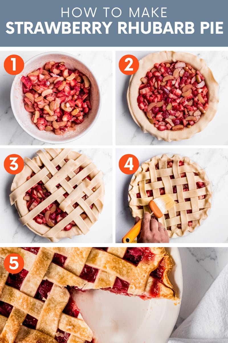 Step by step collage showing how to make strawberry rhubarb pie.