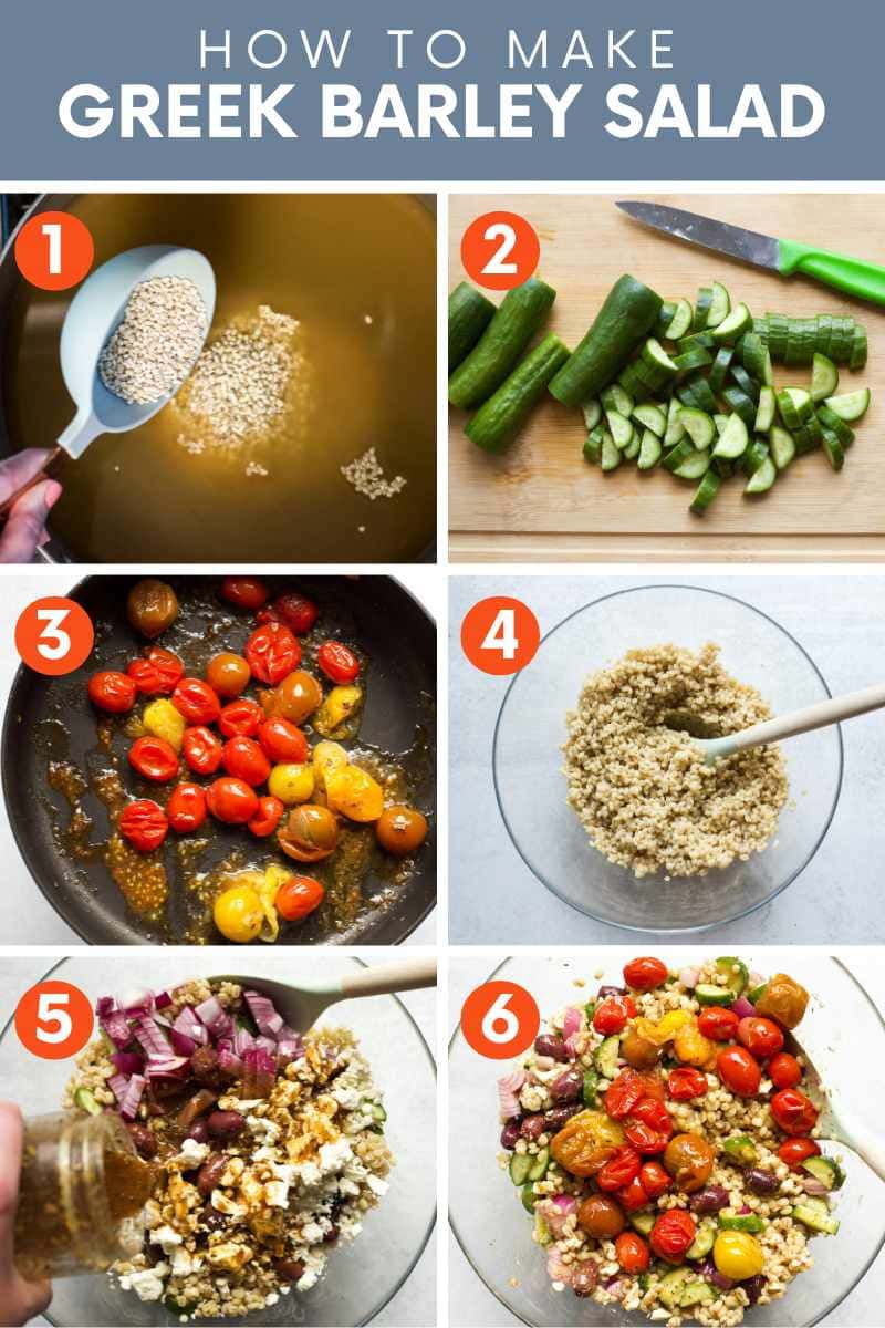 A collage of six simple steps to make greek barley salad. A text overlay reads, "How to Make Greek Barley Salad."