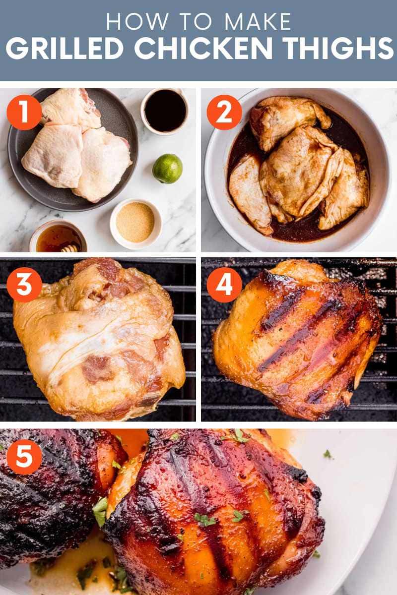 Collage of five simple steps to make grilled chicken thighs. A text overlay reads, "How to Make Grilled Chicken Thighs."