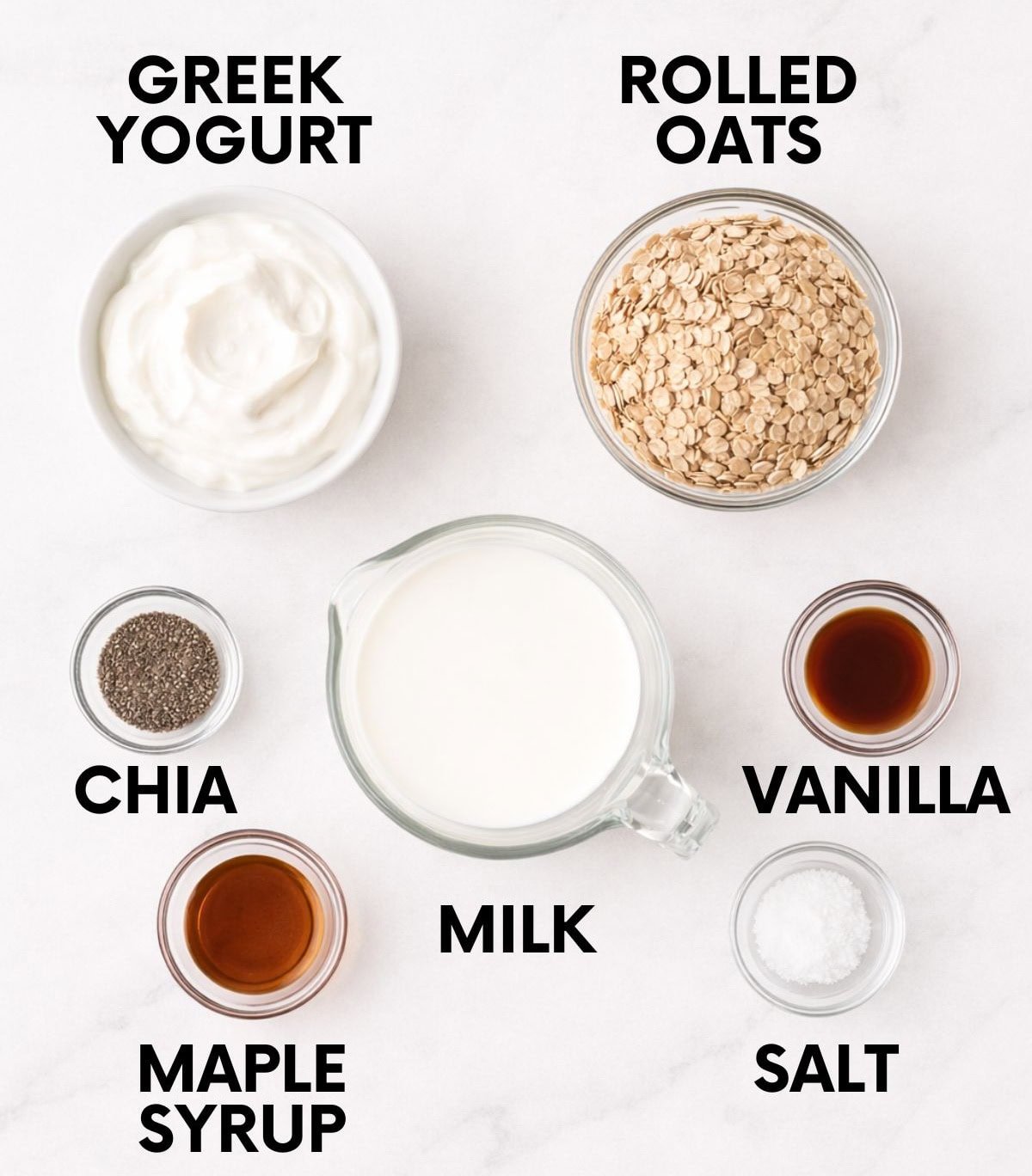 Vanilla overnight oats ingredients on a countertop