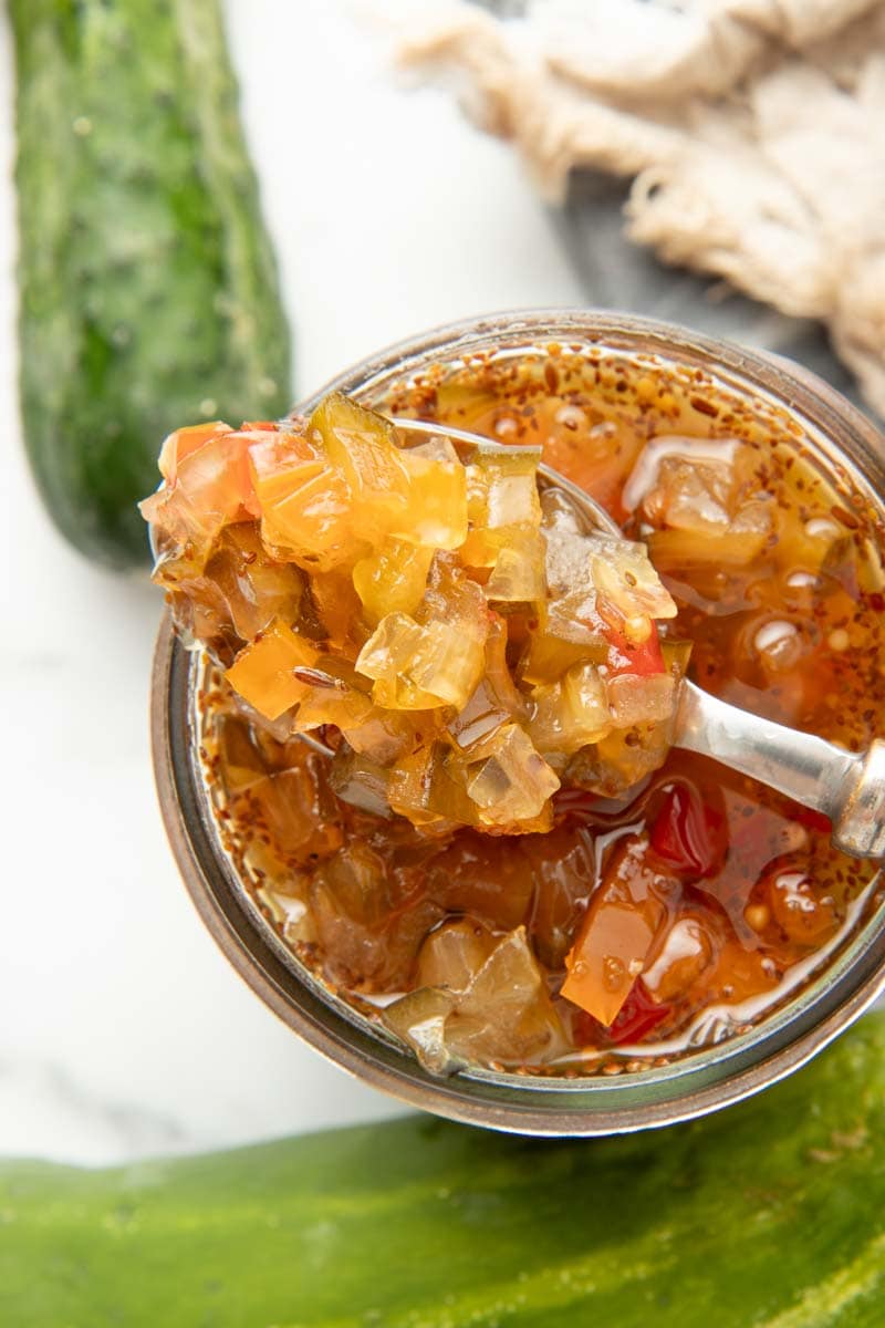 Close view of a spoonful of sweet relish.
