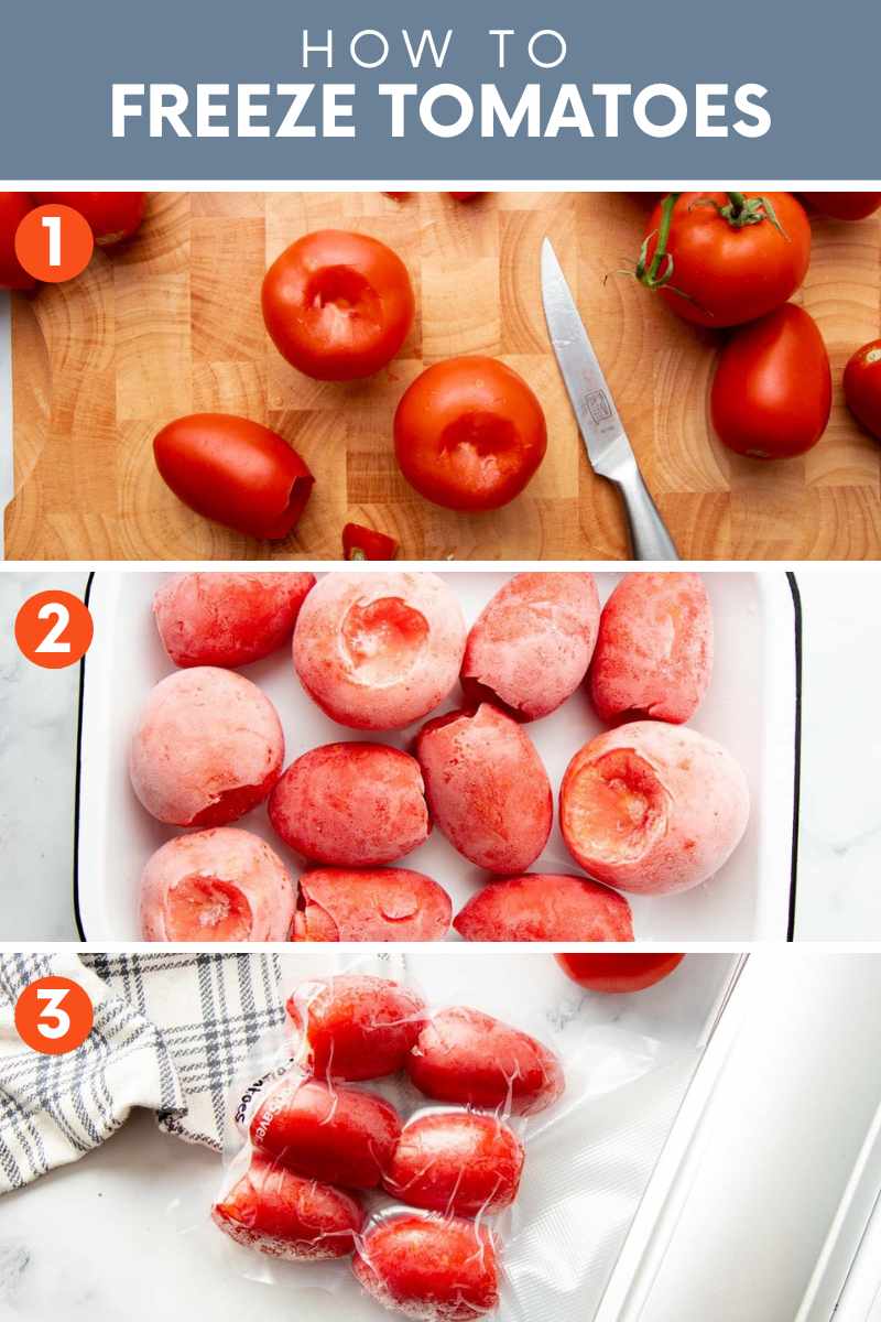 Collage of three simple steps to freeze and store tomatoes. A text overlay reads, "How to Freeze Tomatoes."