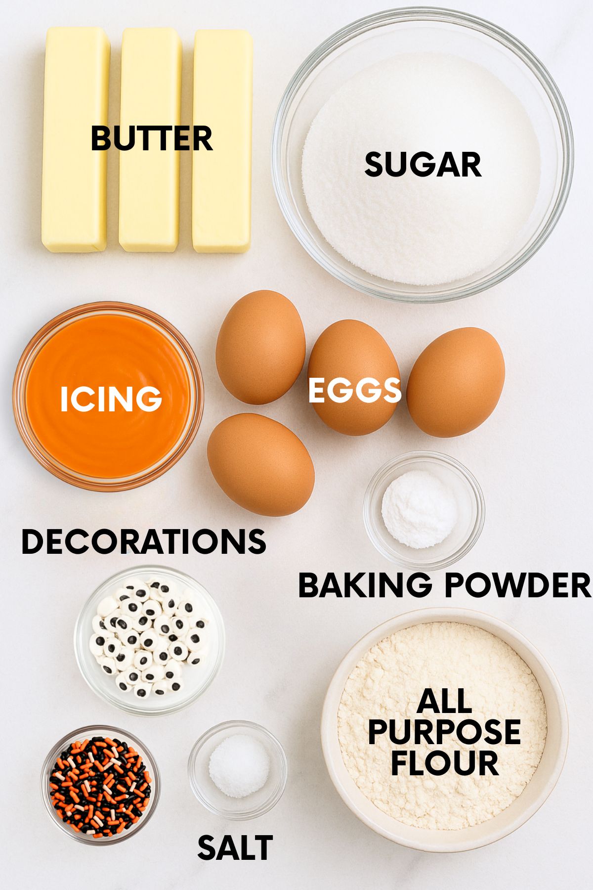 Ingredients for making Halloween sugar cookies on a white countertop
