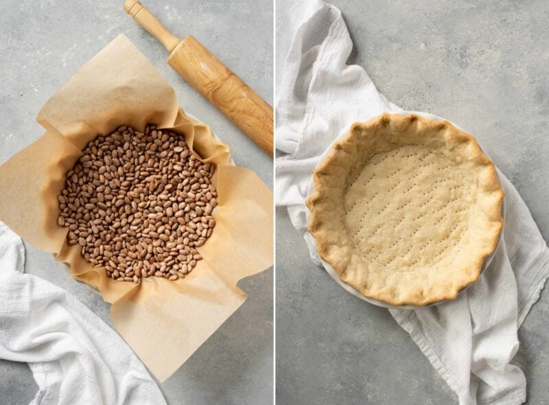 Side-by-side collage of parchment paper and pie weights atop unbaked pie dough, and docked and baked crust.