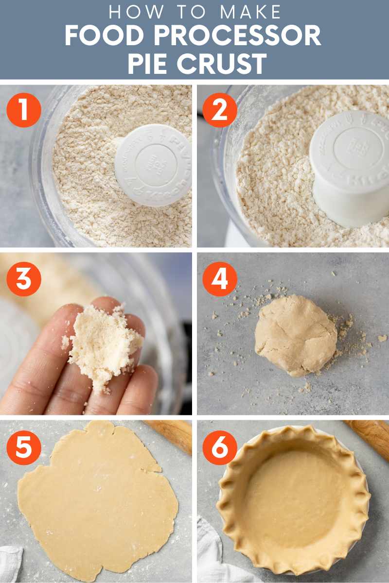 Collage of six simple steps to make pie crust using a food processor. A text overlay reads, "How to Make Food Processor Pie Crust."