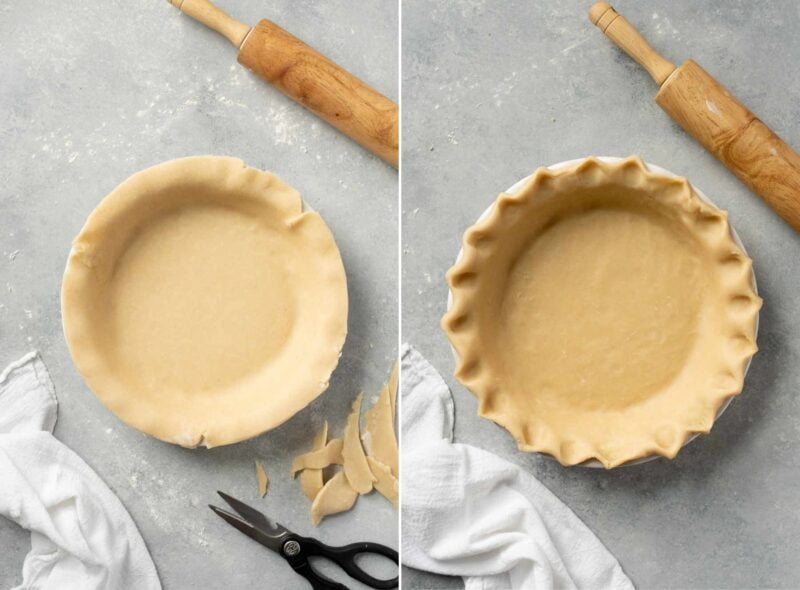 Side-by-side collage of trimming pie dough and fluting pie dough.