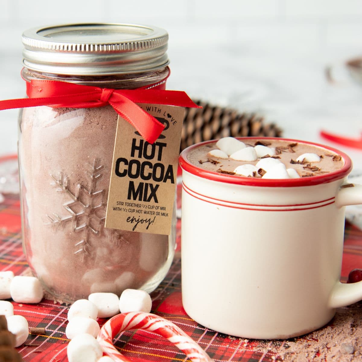 A jar of hot cocoa mix sits next to a fresh mug of frothy hot chocolate with marshmallows on top
