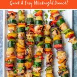 A white platter full of Grilled Hawaiian Chicken Kabobs on metal skewers. A text overlay reads, "Grilled Hawaiian Chicken Kabobs. Quick & Easy Weeknight Dinner!"