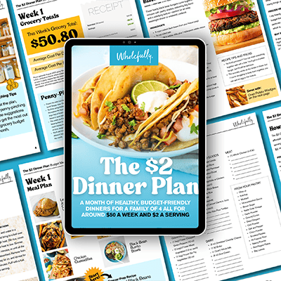 A mockup of the $2 Dinner Plan cover on an tablet overlayed over the pages inside the plan