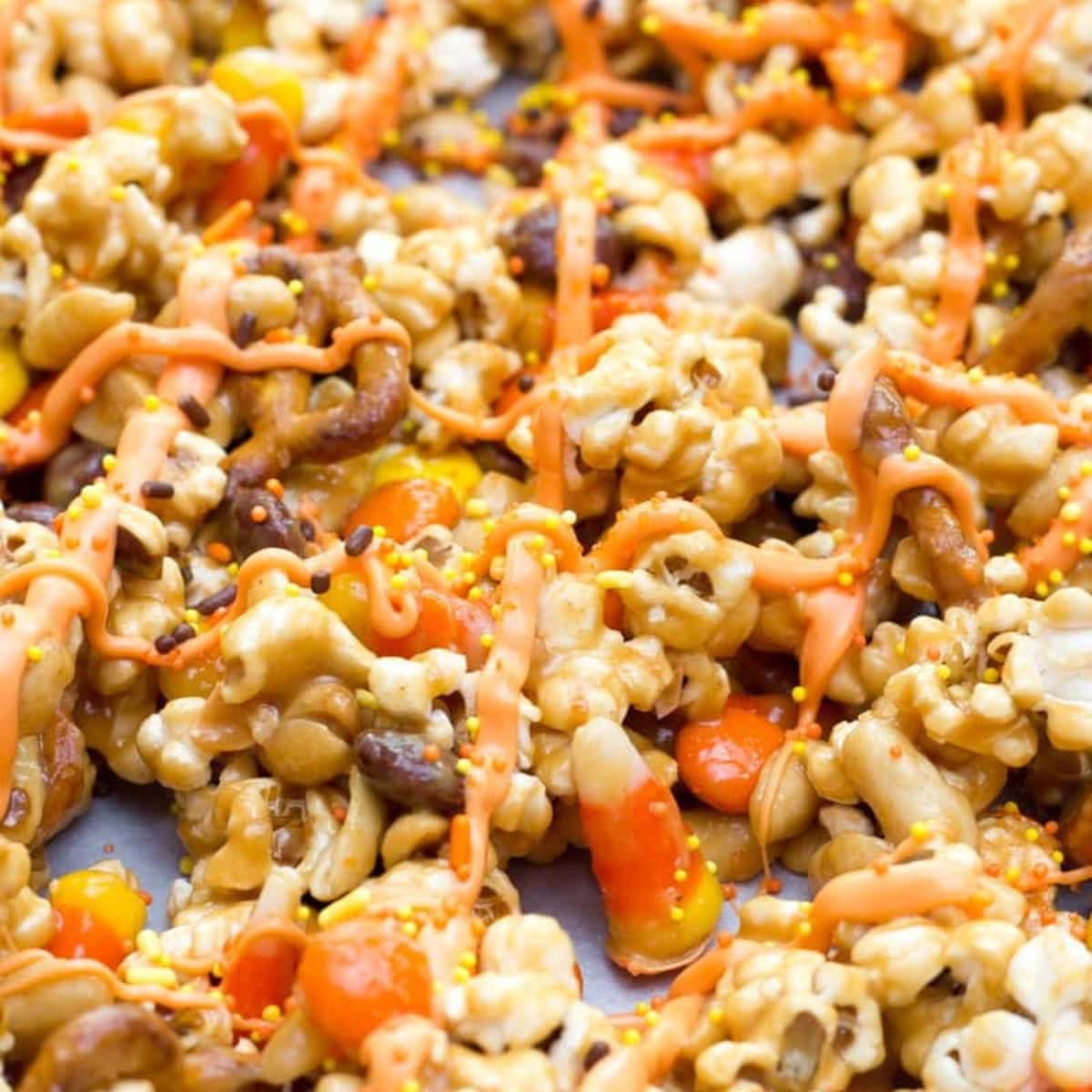 Halloween party mix with peanut butter caramel coating