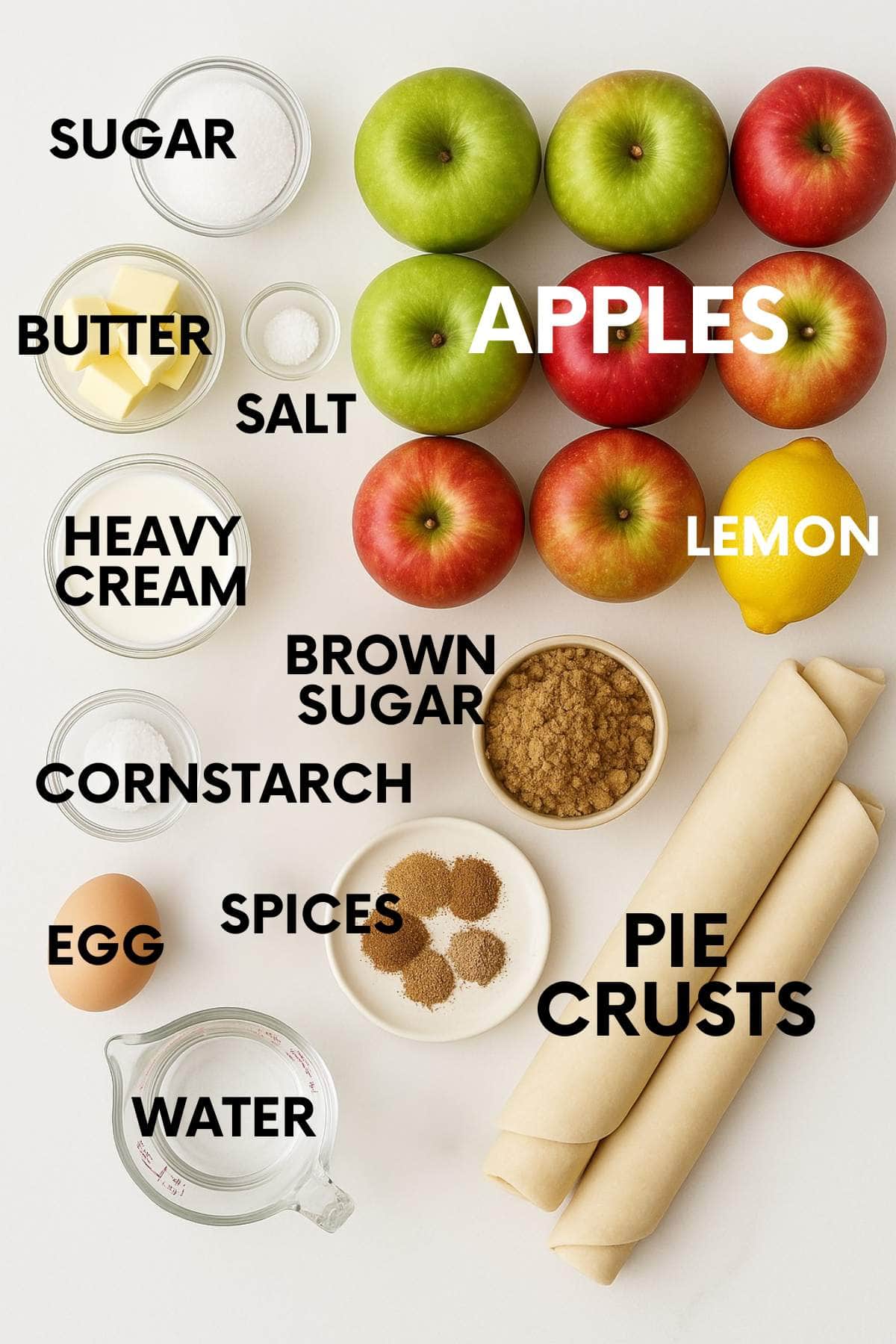 Labeled ingredients for a pie - apples, lemon, pie crusts, sugar, butter, cream, cornstarch, egg, brown sugar, spices, and water