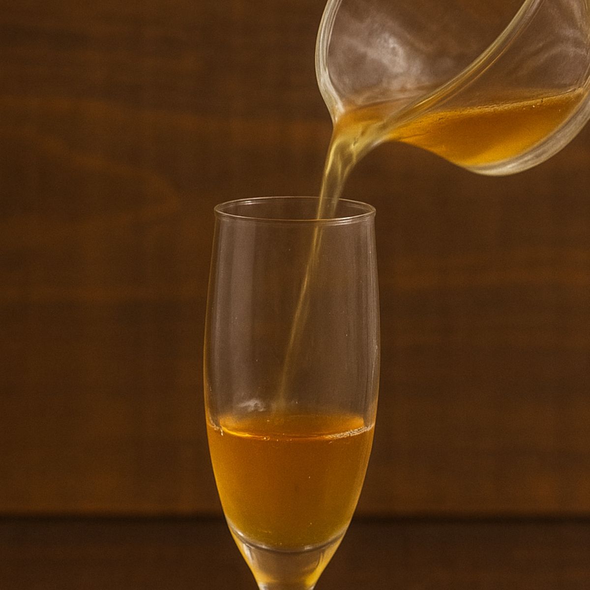 Apple cider pours into a champagne flute